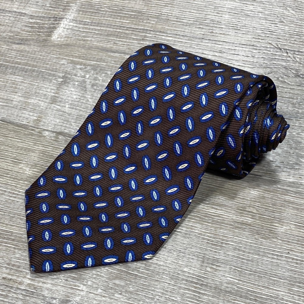 Boggi Milano Tie Mens One Size Brown Blue Geometric 100% Silk Italy Classic